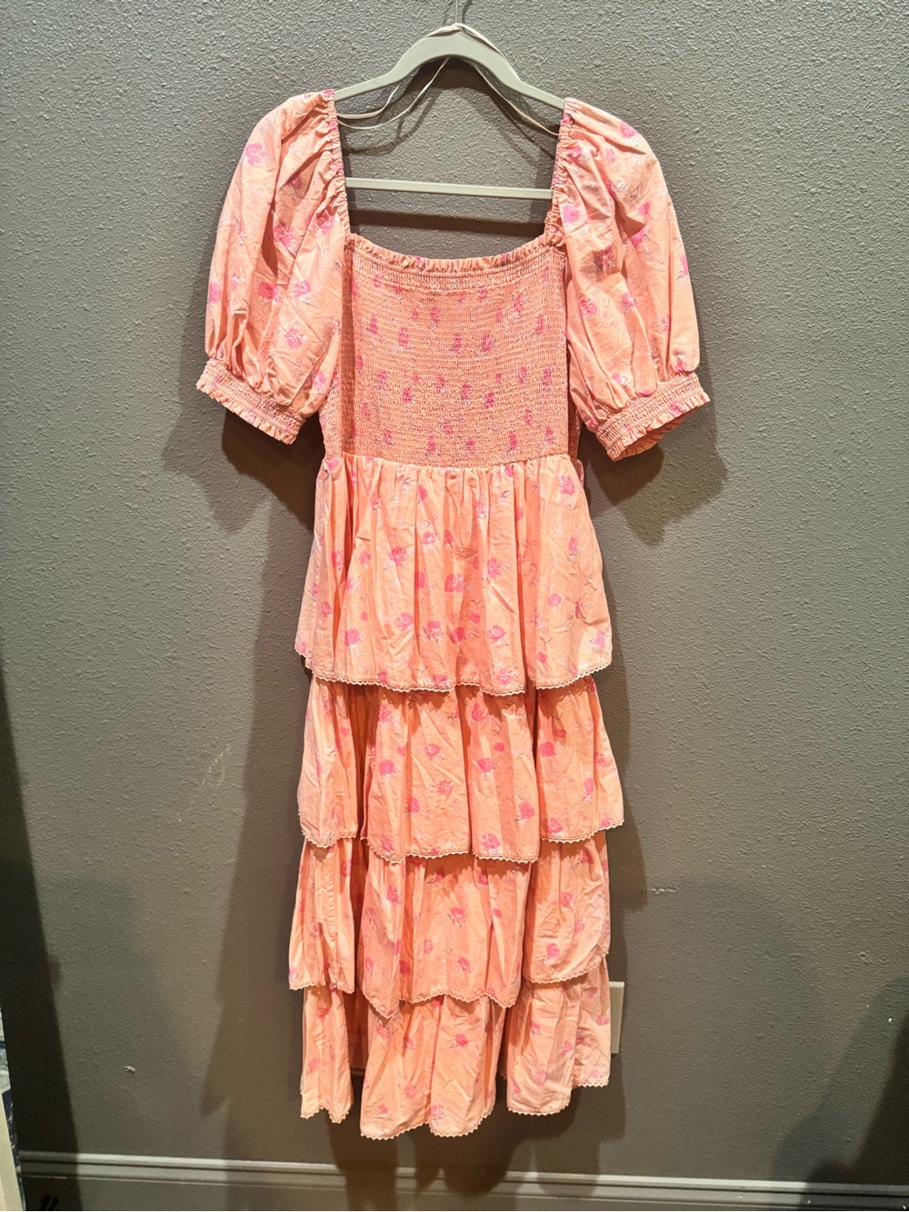 LoveShackFancy Peach Tiered Maxi Dress with Puff Sleeves